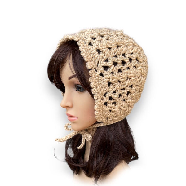 Crochet Openwork Bonnet for Adults. Beige or Different Colors. Retro Women's Bonnet.