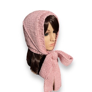 Hand Knit Bow Tie Bonnet for Adult. Light Pink or Many Different Colors. Women&#39;s Bonnet with Ties. Winter Hat.