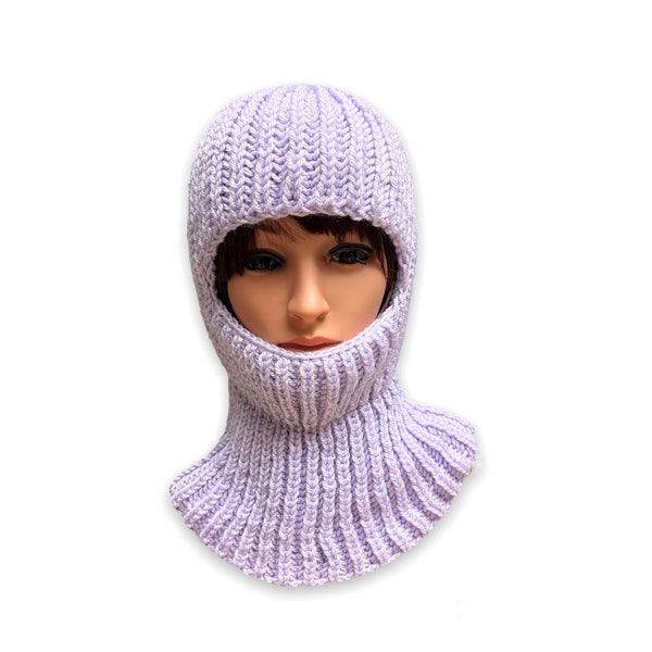 SALE! Ready to ship Hand Knit Balaclava for Adult. Unisex. Light Purple color. Knitted Helmet. Hand Knit Cowl. Ski Face Mask. Winter Hat.