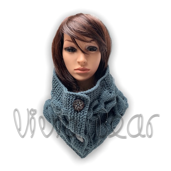 Hand Knitted Cable Cowl with Buttons. Charcoal Dark Grey or 43 colors. Warm Chunky Women's Scarf. Neck Warmer. Autumn Fall Winter Accessory