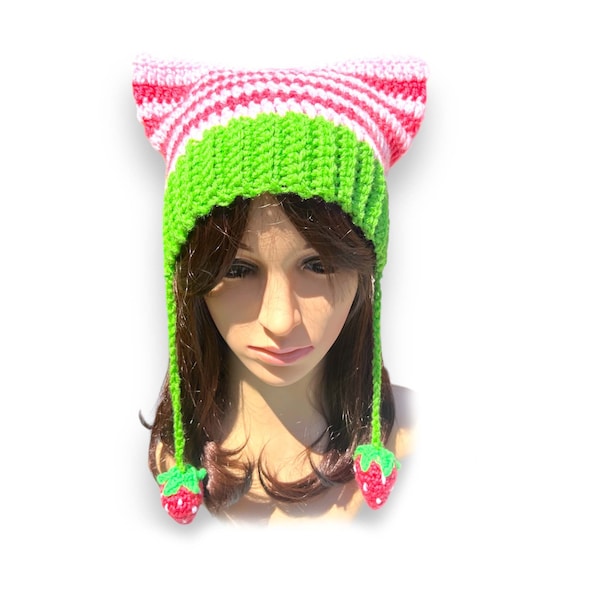 SALE! Ready to ship Strawberry Crochet Cat Ears Beanie. Most Trending Striped Y2K Hat. Green and Pink. Fancy Cat Hat. Photo Prop.