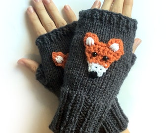 Fox Fingerless Gloves. Dark Grey or 44 more Colors. Hand Knitted Animal Arm Warmers. Lovely Gift for Lady Warm Accessory for Women and Teens