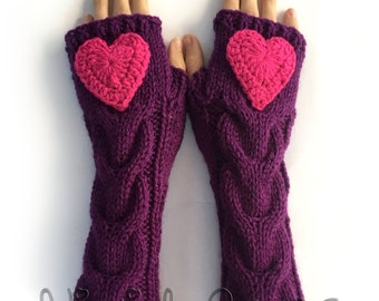 Heart Knitted Cabled Fingerless Gloves. Purple with Pink Love Heart or 44 Colors. Christmas Gift. Warm Accessory for Women and Teens.