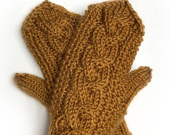 Handcraft Knit Cable Mittens. Winter Chunky Rustic Mittens. Cognac or 65 different colors. Cozy Hand warmers.