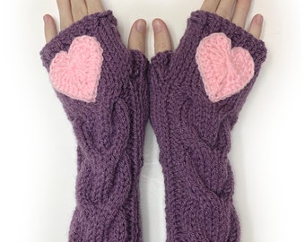 Heart Hand Knitted Cabled Fingerless Gloves. Purple and Pink or 44 more Colors. Lovely Gift for Lady. Warm Accessory for Women and Teens.