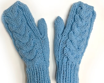 Handcraft Knit Cable Mittens. Winter Chunky Rustic Mittens. Light Blue or 65 different colors. Cozy Hand warmers.