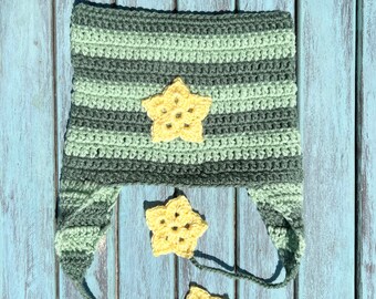 Beabadoobee Crochet Cat Ears Beanie. Dangling Flowers. Most Trending Striped Y2K Hat. Green and Yellow More Colors Available. Fancy Cat Hat.