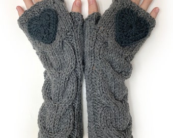 Heart Hand Knitted Cabled Fingerless Gloves. Grey or 44 more Colors. Lovely Gift for Lady. Warm Accessory for Women and Teens.