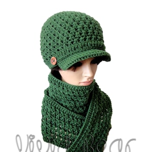 Crochet Newsboy Cap and Scarf. Set or Separately. Thyme or 44 colors. Women's Hat Beanie. Wooden Buttons. Warm Fall Autumn Winter Gift image 1