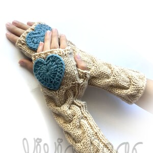 Heart Hand Knitted Cabled Fingerless Gloves. Beige and Blue or 44 more Colors. Lovely Gift for Lady. Warm Accessory for Women and Teens.