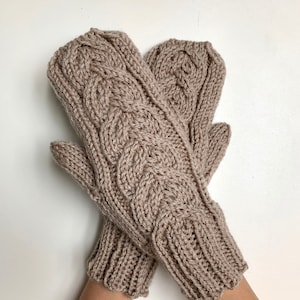 Handcraft Knit Cable Mittens. Winter Chunky Rustic Mittens. Taupe or 65 different colors. Cozy Hand warmers.