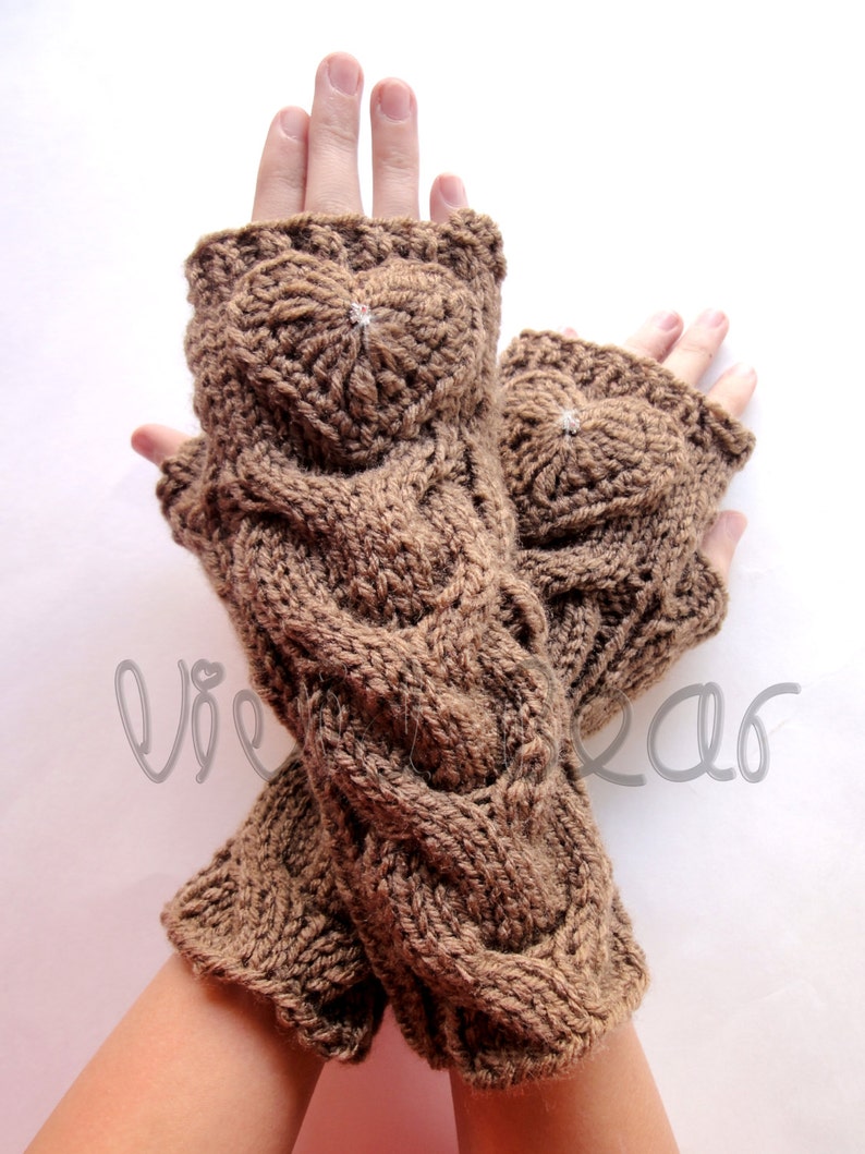 Heart Knitted Cabled Fingerless Gloves with Rhinestone Crystals. 44 Colors. Valentine Day Gift. Warm Accessory for Women and Teens. image 4