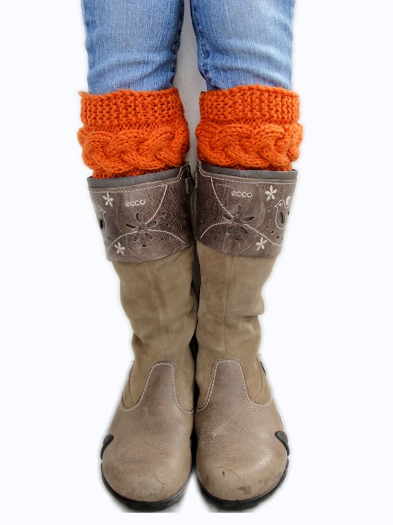Knitted Cable Boot Cuffs. Knit Orange Braids. 44 Different colors. Leg Warmers. Boot Toppers. Fashion Accessory for Women and Teens.