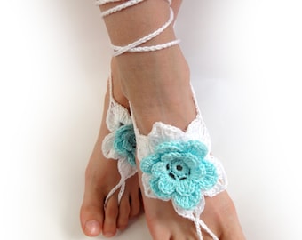 Crochet Barefoot Sandals - White Aqua Flowers - foot Jewelry - Beach Wedding - Bridal Accessory - Anklet