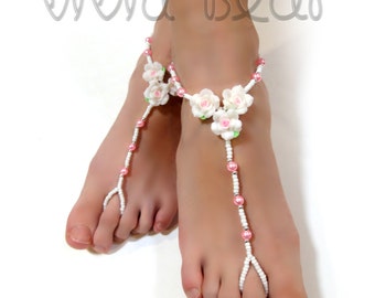 Wedding Beaded Barefoot Sandals. Foot Jewelry. Anklets. Pink Pearl Beads. White Pink Roses.  Beach Party Accessory for Women. Set of 2 pcs.