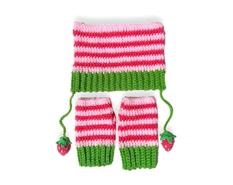 Strawberry Hat and Fingerless Gloves Set. Most Trending Crochet Star Cat Ears Beanie + Gloves. Pink Green Stripes More Colors Available.