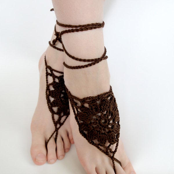 Crochet Barefoot Sandals - Chocolate Brown Foot Jewelry - Beachwear Accessory - Anklet - Crochet Flowers