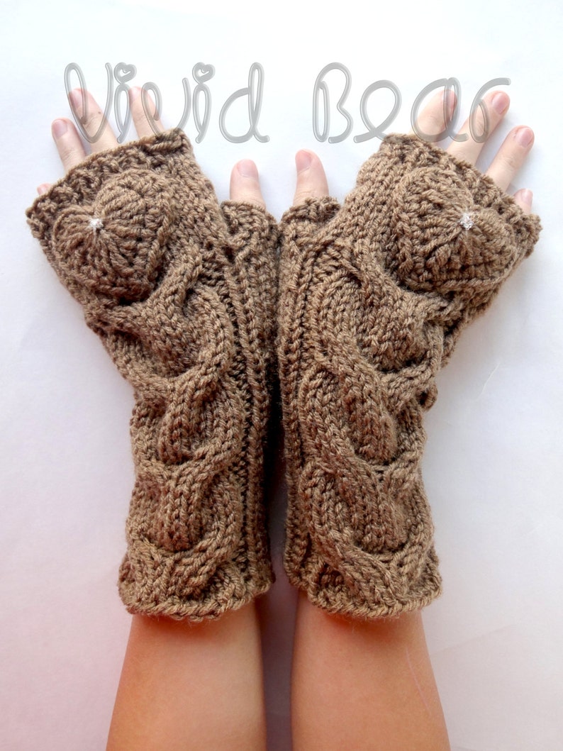 Heart Knitted Cabled Fingerless Gloves with Rhinestone Crystals. 44 Colors. Valentine Day Gift. Warm Accessory for Women and Teens. image 2