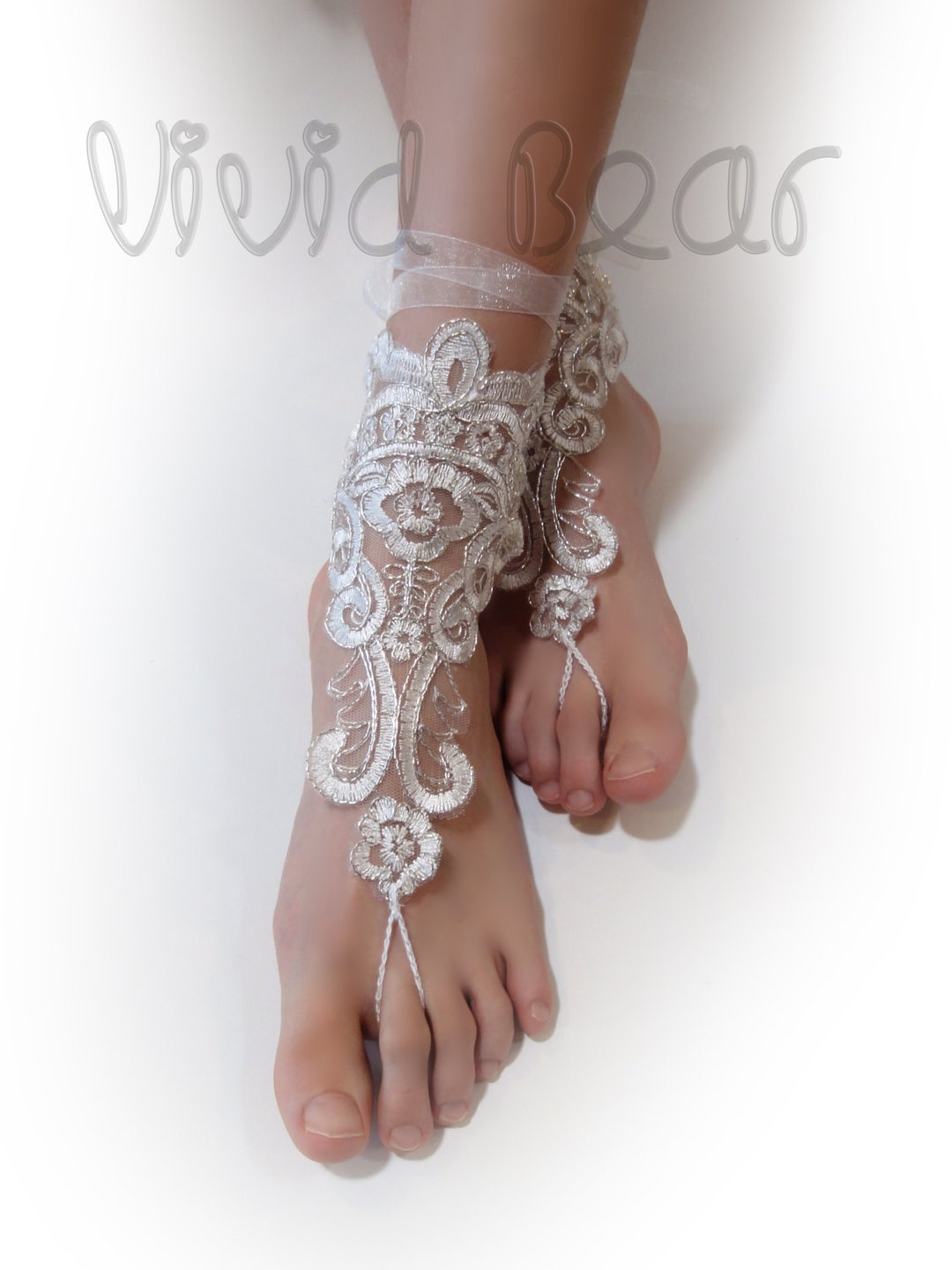 Ivory Silver Lace Barefoot Sandals. Foot Jewelry. Anklets. Ivory ...
