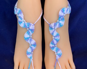 Crochet Beaded Barefoot Sandals. Blue White Wavy Stripes with Pearls. Crochet Foot Jewelry. Beach Bridal Accessory. For Women. Set of 2 pcs