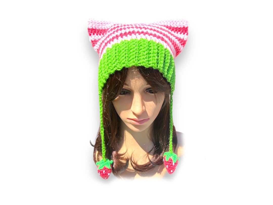 Strawberry Crochet Cat Ears Beanie. Most Trending Striped Y2K Hat. Green and Pink. More Colors