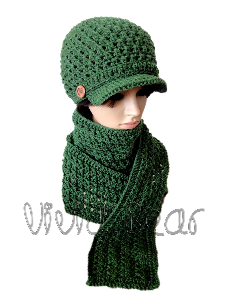 Crochet Newsboy Cap and Scarf. Set or Separately. Thyme or 44 colors. Women's Hat Beanie. Wooden Buttons. Warm Fall Autumn Winter Gift image 1