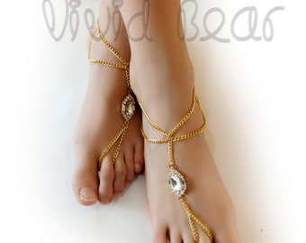 Rhinestone Barefoot Sandals. Golden Chain Foot Jewelry. Clear Crystal Charms . Slave Anklets. Beach Wedding. Festival Body jewelry. 2 pcs.