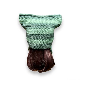 May include: A green and gray crocheted hat with a brown wig attached to the bottom.