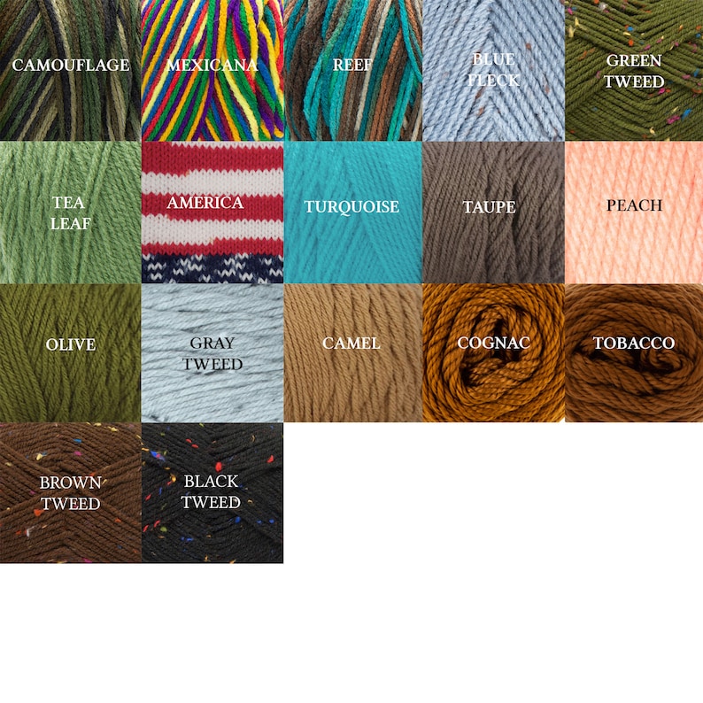 May include: A collection of yarn skeins in various colors, including green, blue, brown, and gray. Each skein is labeled with its color name, such as "Camouflage," "Mexicana," and "America." The yarn appears to be soft and suitable for knitting or crochet projects.