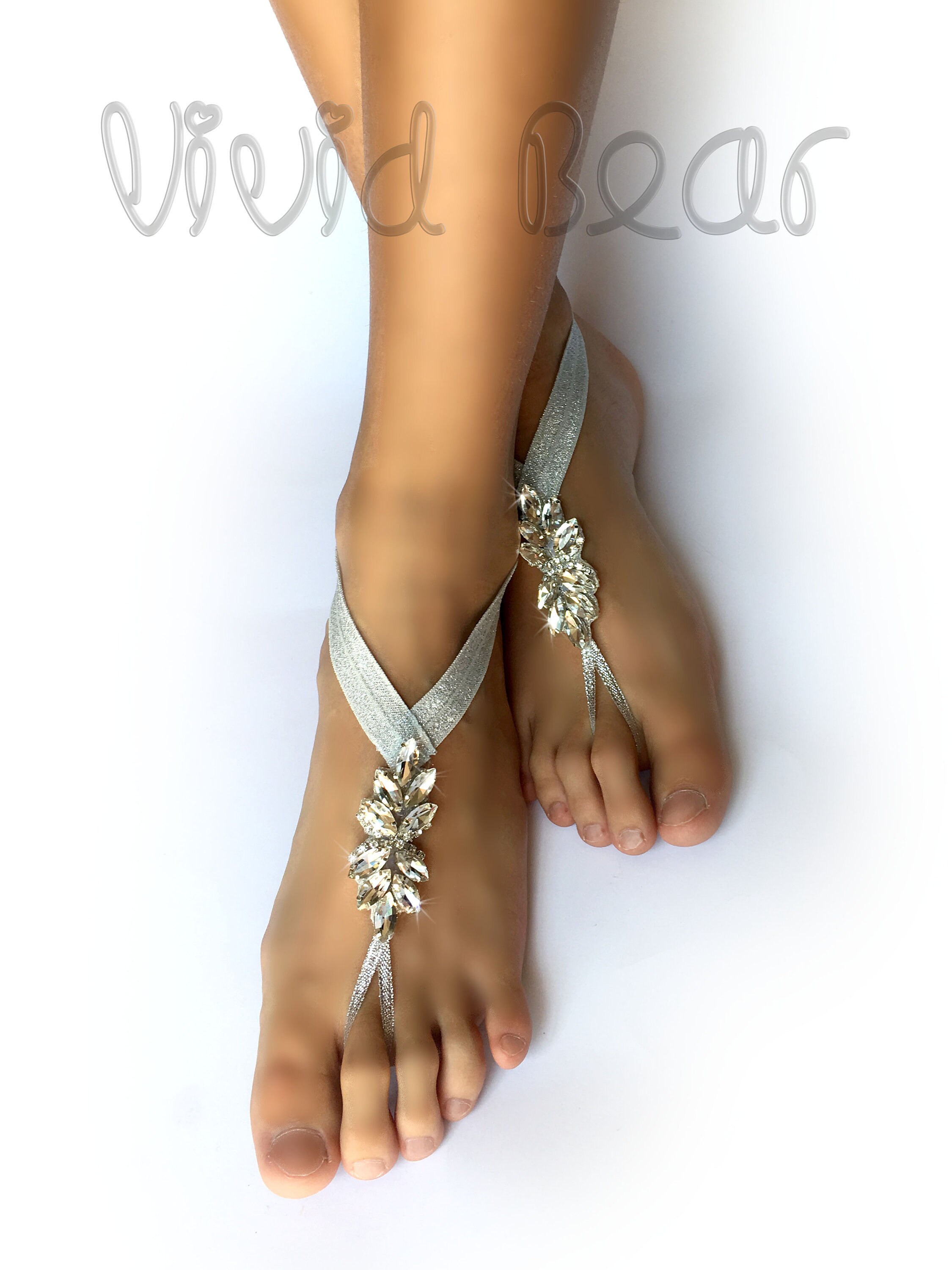 Rhinestone Barefoot Sandals. Sparkling Foot Jewelry. Clear Crystals. Elastic Anklets. Beach Wedding. Set of 2 pcs