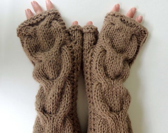 Hand Knitted Cable Fingerless Gloves. Brown or 44 Different Colors. Arm Warmers with Bulky Braids. Warm Accessory for Women and Teens.