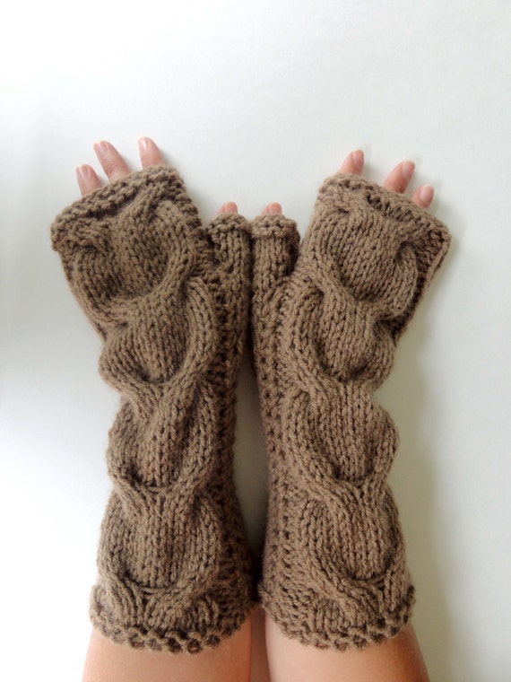Hand Knitted Cable Fingerless Gloves. Brown or 44 Different Colors. Arm Warmers with Bulky Braids. Warm Accessory for Women and Teens.