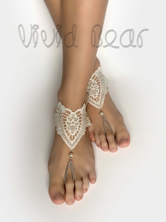 Lace Chain Barefoot Sandals. Ivory Heart Foot Jewelry. Ivory | Etsy