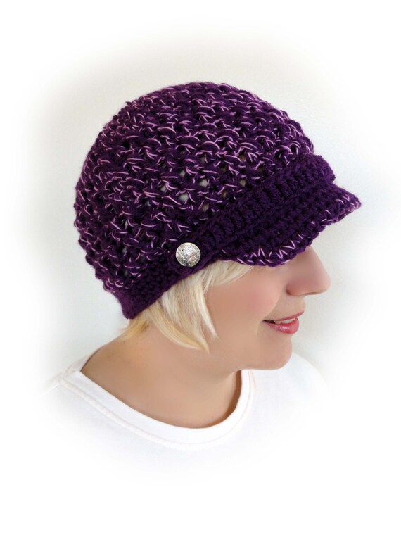Melange Crochet Newsboy Cap. Metal Button. Purple and Pink Beanie. Women's Hat. Warm Winter Accessory.