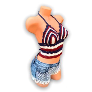 Striped Crochet Halter Top. Red White Blue or Different Colors. Patriotic Crop Top. USA Flag 4th ...