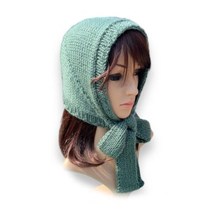 Hand Knit Bow Tie Bonnet for Adult. Heathered Grey Green or Many Different Colors. Women&#39;s Bonnet with Ties. Winter Hat.