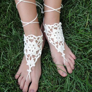 Crochet Barefoot Sandals. Ivory or 27 colors. Woman's Flower Crochet Foot Jewelry. Long Ties. Beach Wedding Accessory. Beachwear. Set of 2. image 3