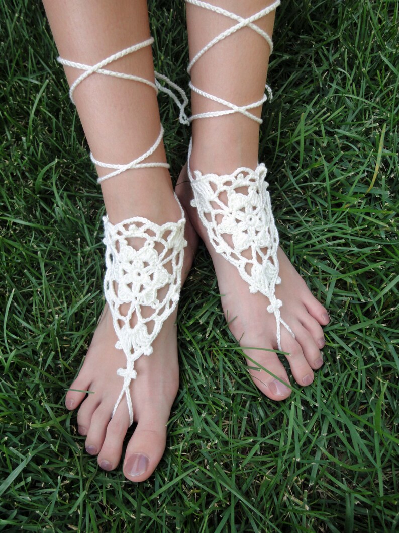 Crochet Barefoot Sandals. Ivory or 27 colors. Woman's Flower Crochet Foot Jewelry. Long Ties. Beach Wedding Accessory. Beachwear. Set of 2. image 3