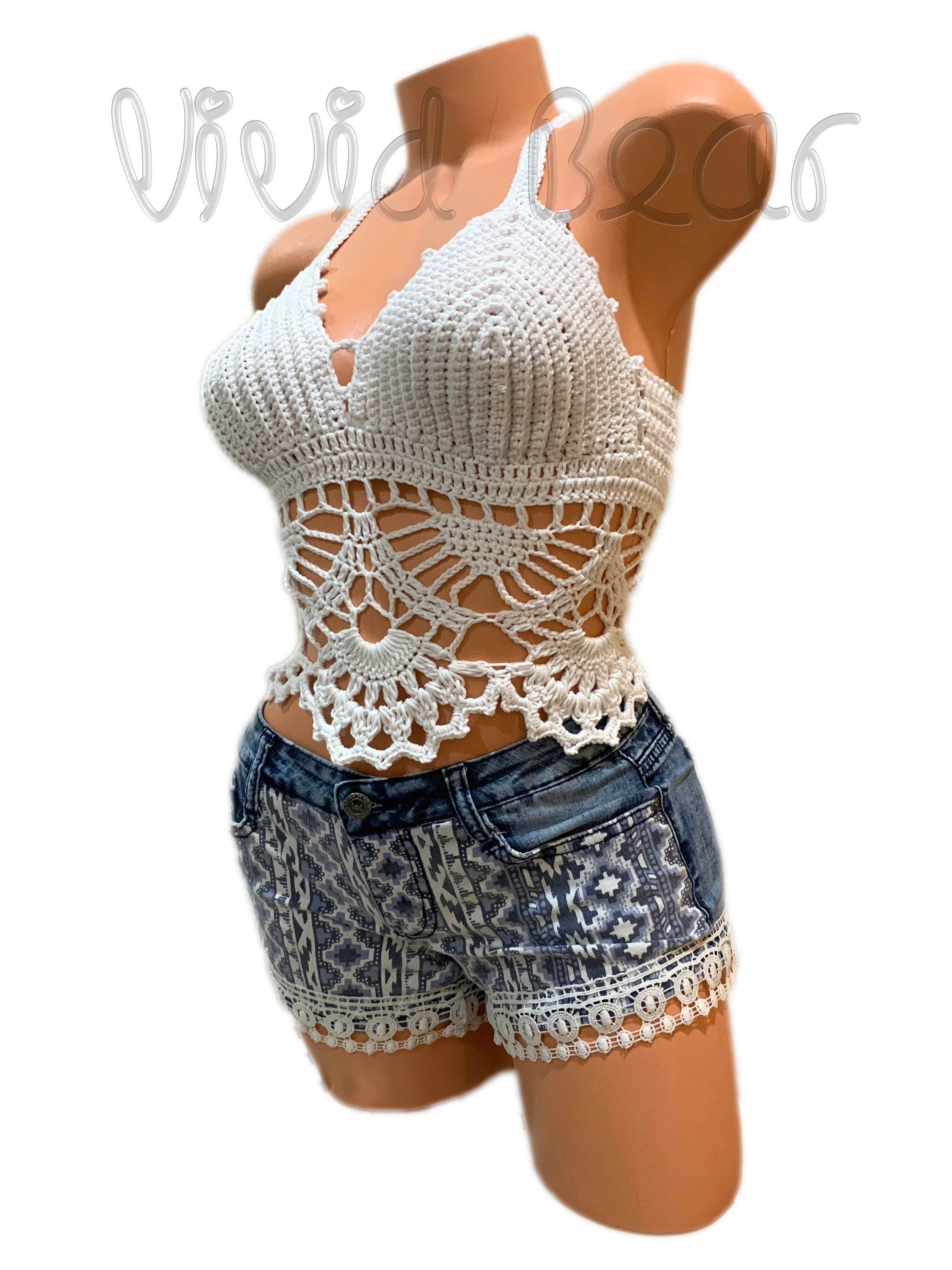 Padded Crochet Halter Crop Top. More Bust Support. Wide