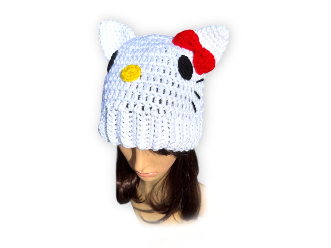 Crochet Hello Kitty Beanie. Custom Colors. Cat Ear Hat With Bow
