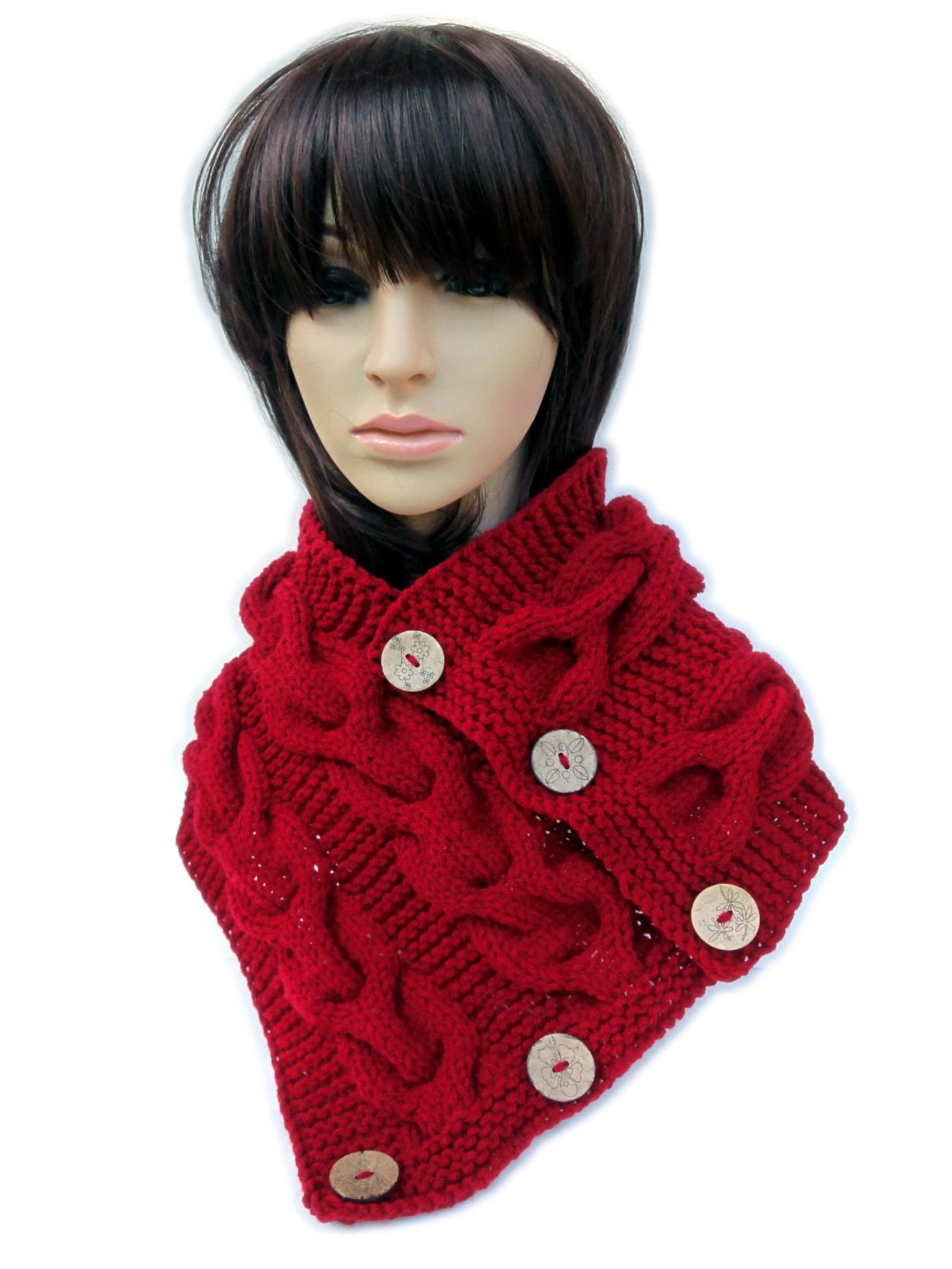 Hand Knitted Cable Cowl With Buttons. Burgundy dark Red or | Etsy