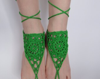 Green Crocheted Barefoot Sandals - Foot Jewelry - Handmade Beachwear Accessories - Crochet Foot Jewelry - Green Flowers