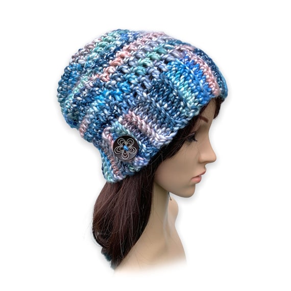 Women\'s Crochet Knitted Style Beanie Slouchy Hat Blue Serendipity Slouch {Free Crochet Hat Pattern For Women  main image 4