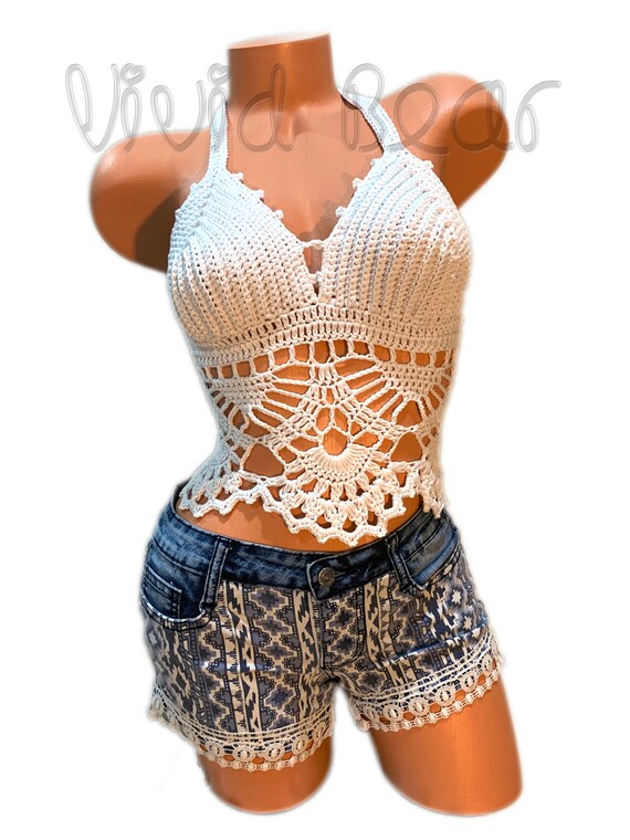 Padded Crochet Halter Crop Top. More Bust Support. Wide