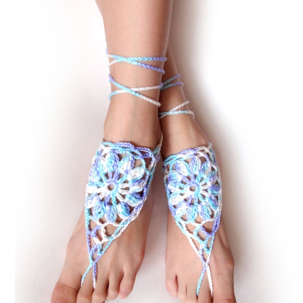 Lace Wedding Foot Jewelry. Crochet Barefoot Sandals. Bridesmaids Gift. Beachwear Accessory. White Blue Aqua Flowers. Pair. set of 2 pcs.