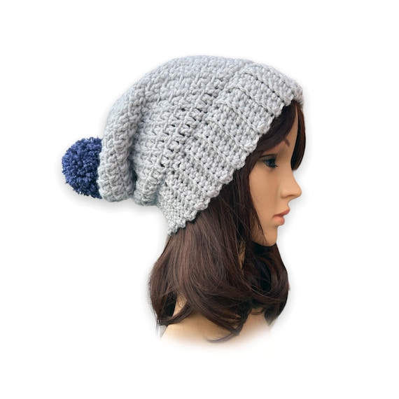 Crochet Pompom Slouchy Beanie. Grey and Blue or More Colors  display picture 1