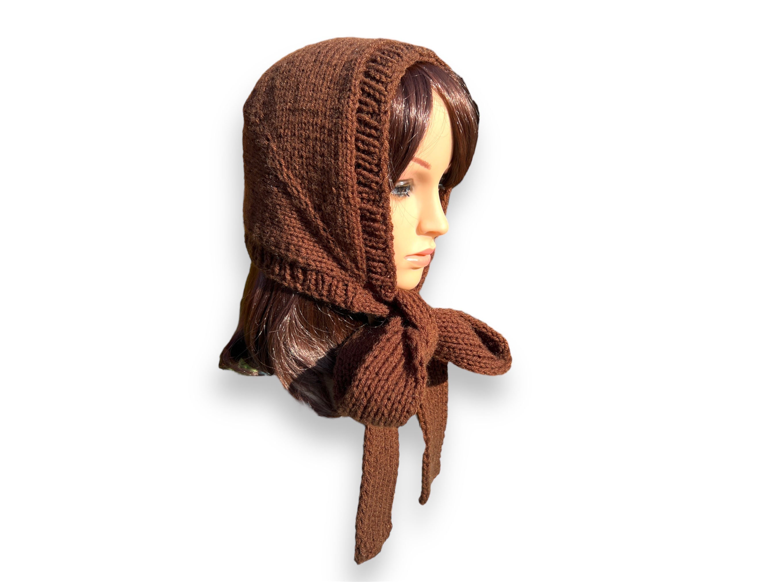 Hand Knit Bow Tie Bonnet for Adult. Coffee Brown or Many Different Colors. Women's Bonnet with Ties. Winter Hat.