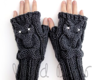 Knit Owl Cable Fingerless Gloves. Charcoal or 44 Colors. Grey Arm Warmers. Crystal Eyes Owl. Winter Accessory for Women and Teens. Arm Cuffs