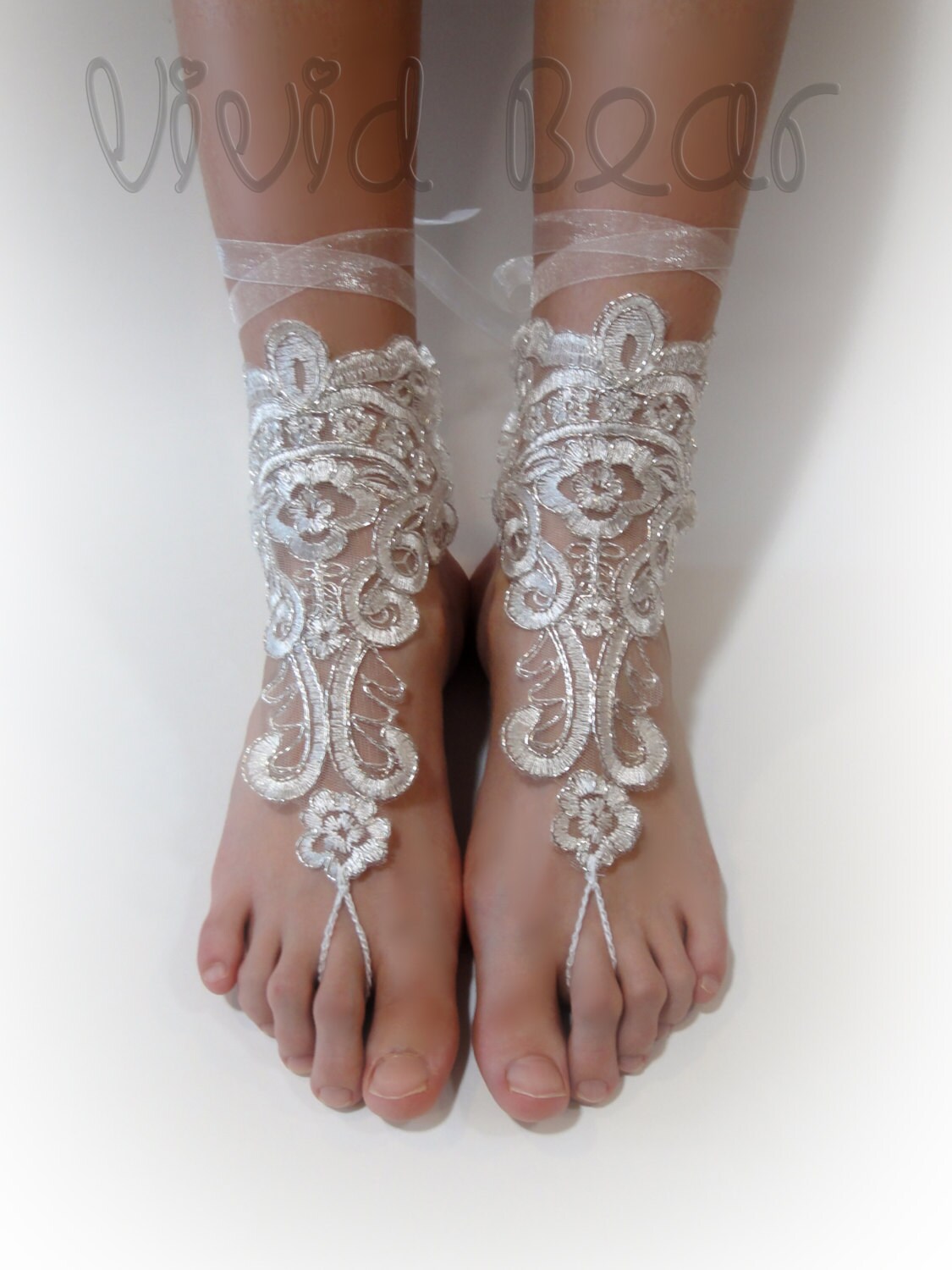 Ivory Silver Lace Barefoot Sandals. Foot Jewelry. Anklets. - Etsy