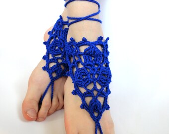 Deep Blue Crochet Barefoot Sandals_ Foot Jewelry - Anklet - Beachwear Accessory - Beach Wedding - Dance - Yoga - Summer Party
